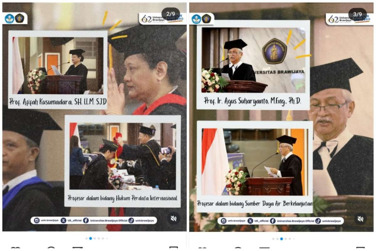 Prof. Afifah Kusumadara dan Prof. Agus Suharyanto. (ist) - UB Kukuhkan Empat Profesor Lintas Ilmu dari FH FT Fapet dan FIA