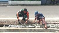 Babinsa Blimbing Bantu Warga Arjosari Kerja Bakti Perbaiki Infrastruktur