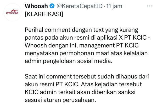 Komentar Tak Pantas di Akun Resmi, PT Kereta Cepat Indonesia-China Minta Maaf