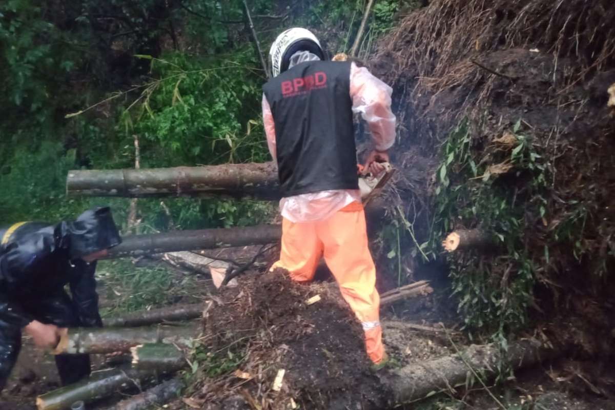 Proses pembersihan material longsoran di jalur Provinsi Malang - Kediri. (ist) - Material Longsor Tutup Jalur Provinsi Malang - Kediri, Lumpuhkan Aktivitas Kendaraan Beberapa Jam