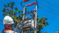 Teknisi PLN saat mengecek tiang listrik. (ist) - Diskon Tambah Daya PLN Bakal Diserbu Belasan Ribu Pelanggan