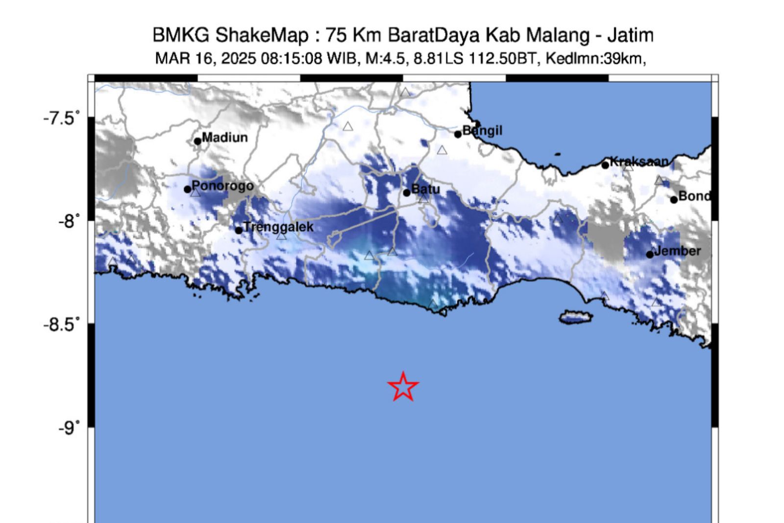 Gempa dengan Kekuatan 4,5 Magnitudo Terjadi di Laut Malang Selatan