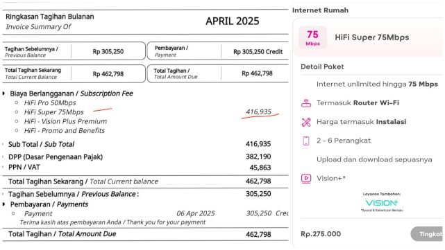 Jumlah tagihan yang melonjak, berbeda dengan tarif paket yang berlaku. (ist)