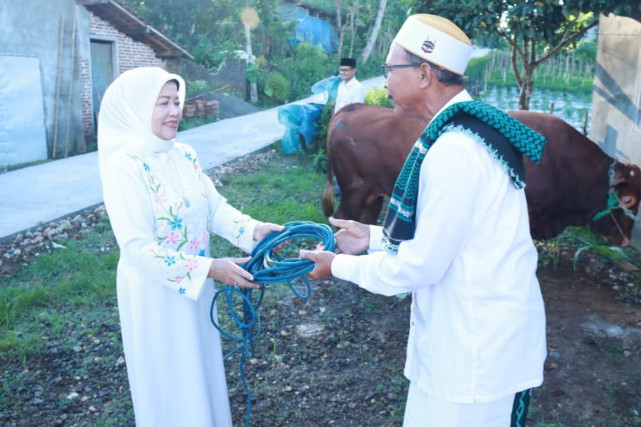 Wakil Bupati Malang, Lathifah Shohib saat menyerahkan hewan kurban secara simbolis kepada takmir masjid. (ist) 