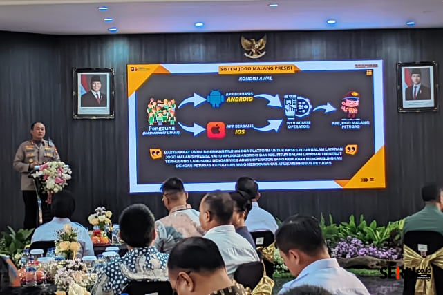 Kapolresta Malang Kota memaparkan keunggulan fitur aplikasi Jogo Malang Presisi. (bas)