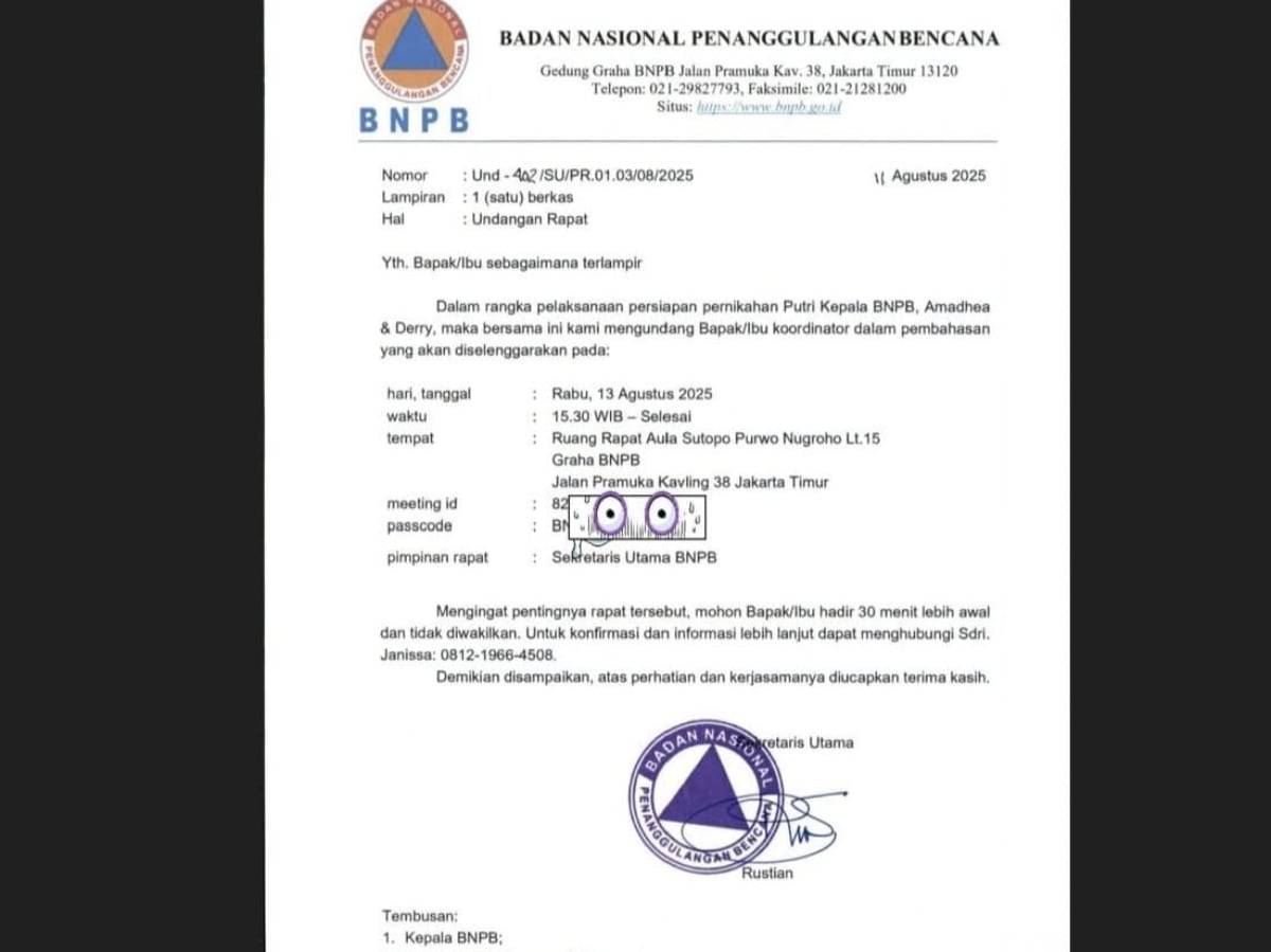 BNPB Klarifikasi Perihal Surat Viral Rapat Persiapan Pernikahan Putri Kepala BNPB