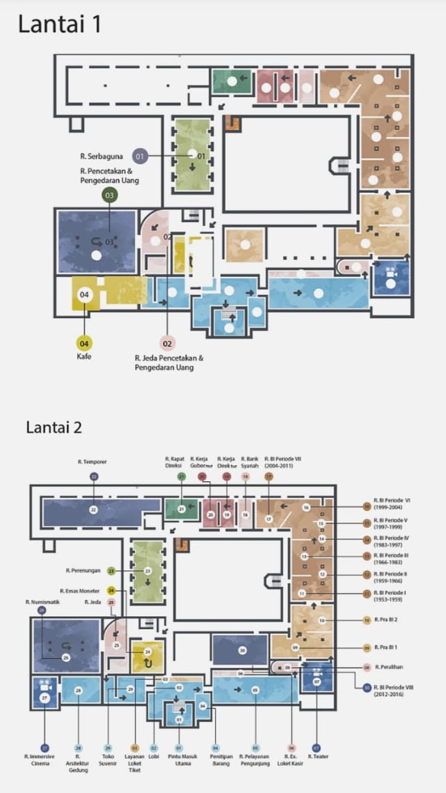 Serunya Menelisik Sejarah Numismatika hingga Kebijakan Moneter di Museum Bank Indonesia 2 Denah lokasi lantai 1 dan 2 Museum Bank Indonesia. (ist)