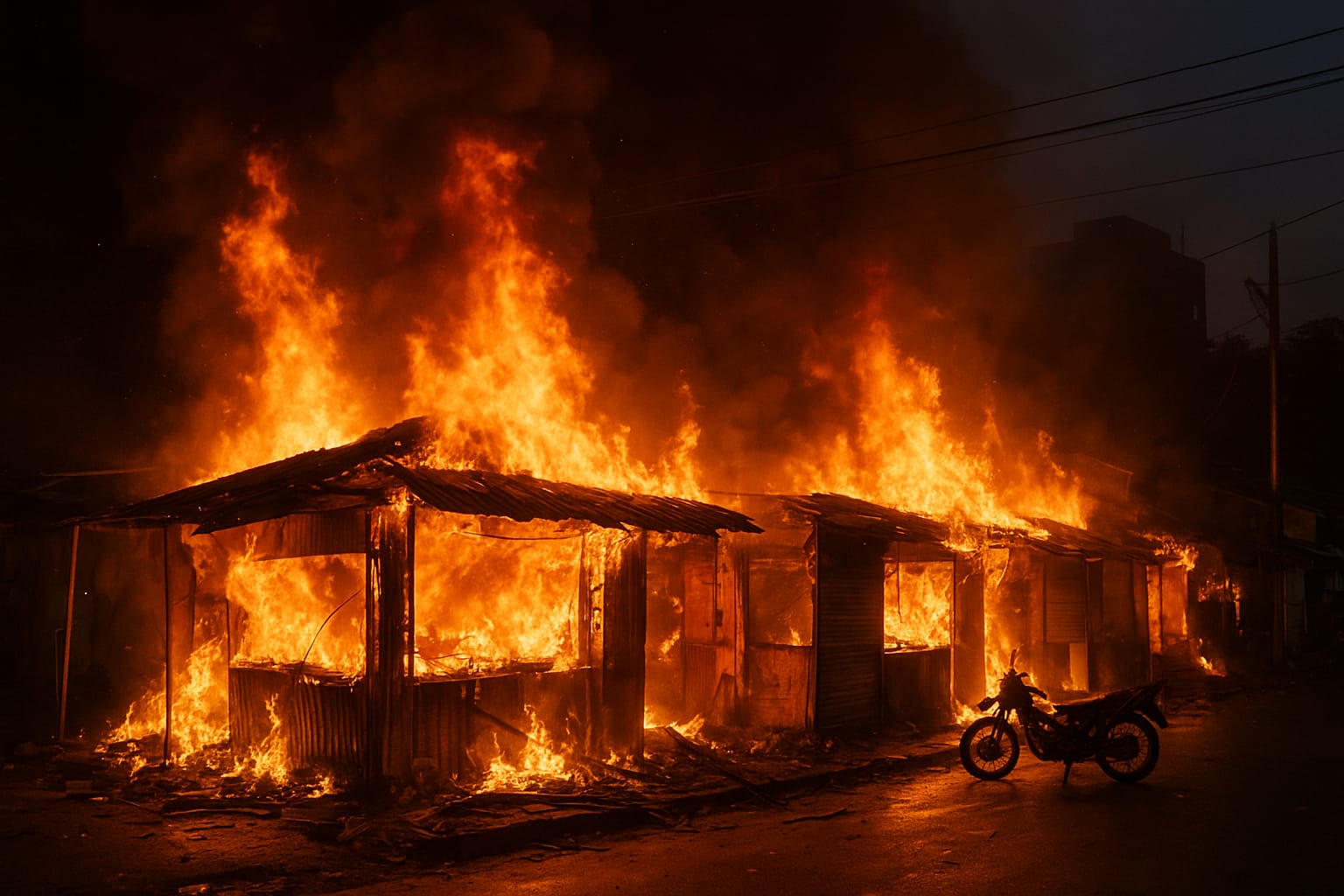 Ilustrasi pembakaran kios menggunakan kecerdasan buatan. (ChatGPT) Dua Mata Elang jadi Korban Pengeroyokan, Massa Balas Bakar Kios dan Motor di Kalibata