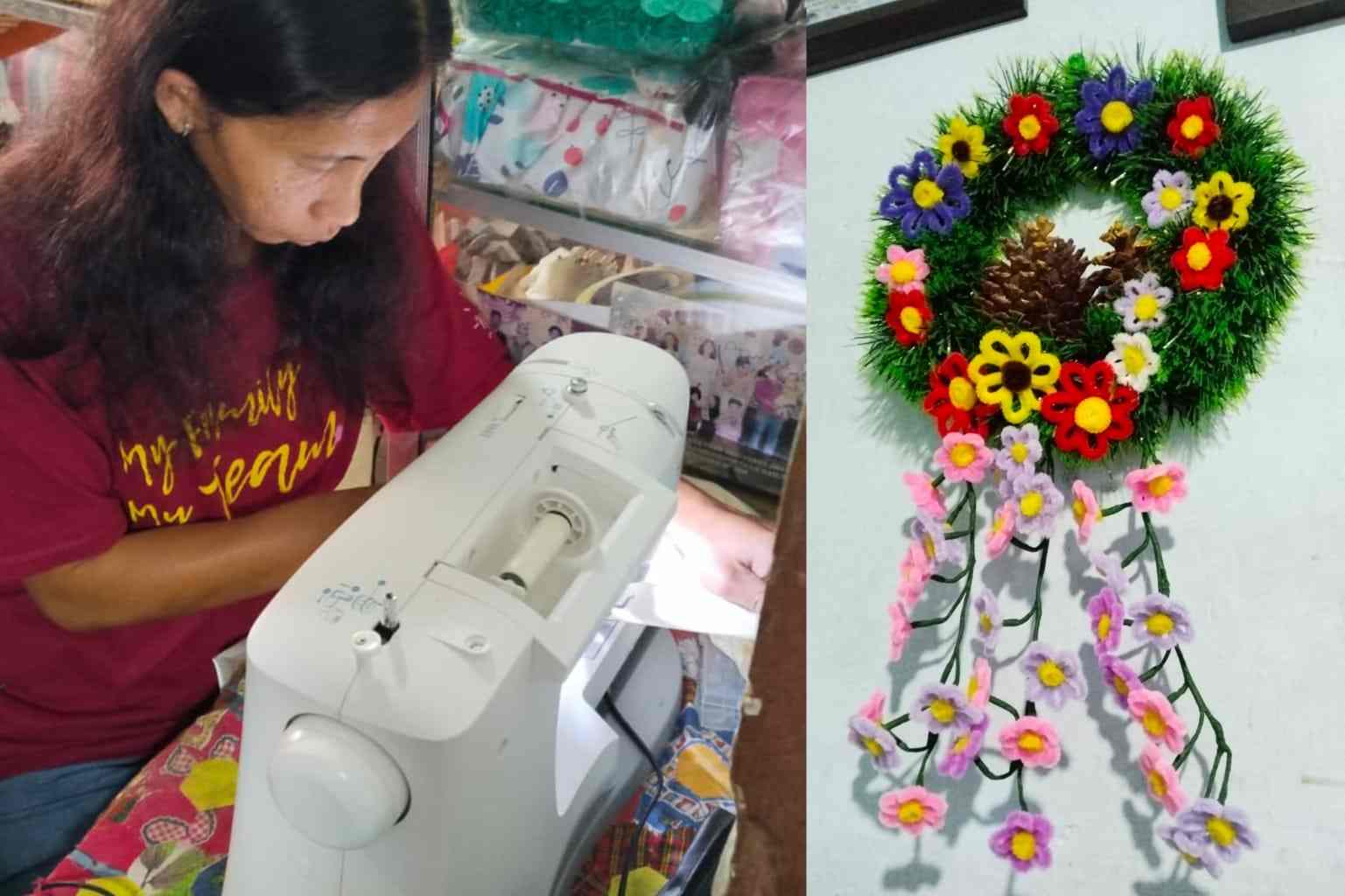 Lena Lia saat mengerjakan order dan salah satu produk hiasan Natal buatannya. (dik_11zon Berkat Ketrampilan Menjahit, Laina Kebanjiran Order Pernak-Pernik Natal Unik
