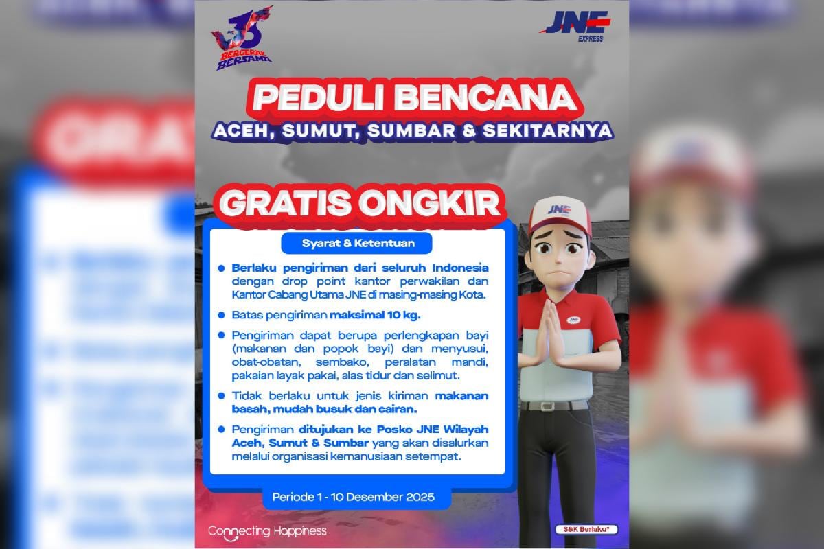 JNE Gratiskan Ongkir Bantuan ke Aceh, Sumbar, Sumut dan Sekitarnya, Maksimal 10 Kilogram