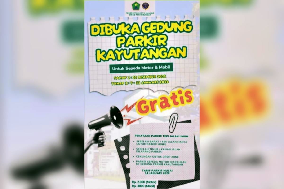 Flyer parkir gratis di Gedung Parkir Kayutangan Kota Malang. (ist) Gedung Parkir Kayutangan Gratis Mulai 31 Desember 2025 hingga Dua Pekan
