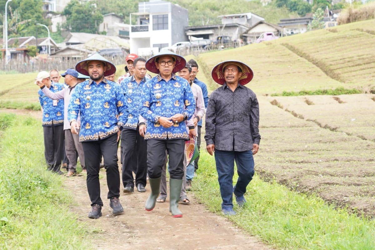 Wali Kota dan Wawali Batu berjalan menuju kebun Apel didampingi Camat dan ketua kelompok tani setempat. (ist) Wali Kota dan Wawali Batu Turun Lapangan, Siapkan Strategi Atasi Penurunan Produksi Apel