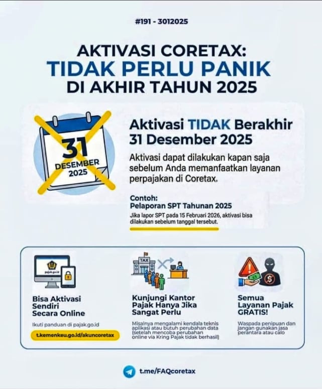 DJP Sebut Aktivasi Coretax Bisa Diurus Kapan Saja, Bukan Wajib 31 Desember 1 Aktivasi akun Coretax bisa dilakukan kapan saja. ((Instagram @ditjenpajakri)