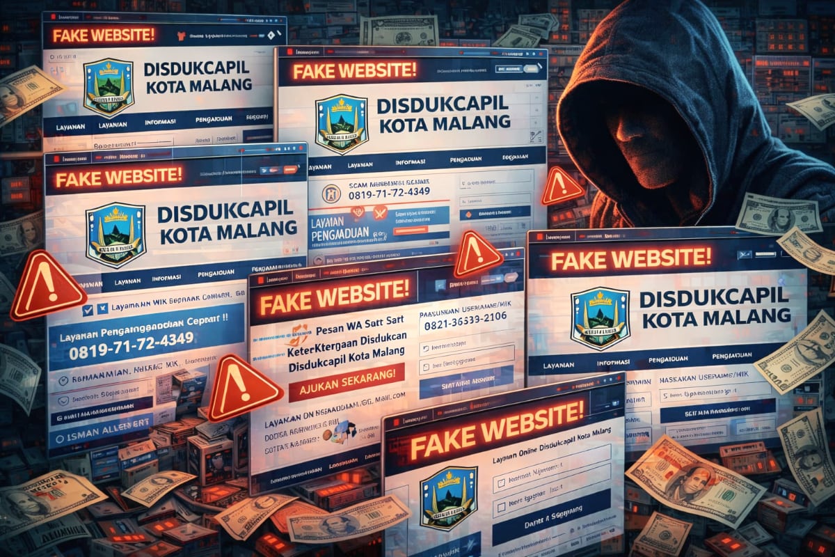Ilustrasi peredaran website palsu mengatasnamakan Disdukcapil Kota Malang. (AI) Disdukcapil Kota Malang: Waspada Website Palsu, Rawan Curi Data Pribadi Secara Otomatis
