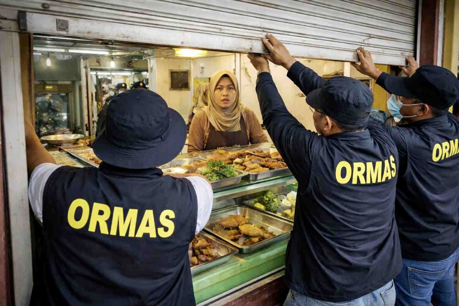 Ilustrasi sweeping saat bulan Ramadan. (AI Generated)_11zon Bolehkah Ormas Sweeping Tempat Makan Saat Ramadan? Ini Penjelasan Ulama hingga Aturan Hukumnya