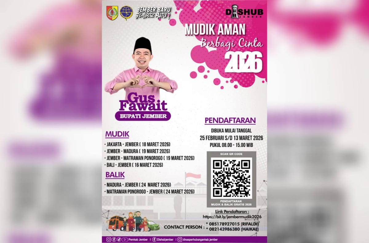Pemkab Jember menggelar mudik gratis Mudik Aman Berbagi Cinta 2026. (ist) Pemkab Jember Perluas Jangkauan Mudik Gratis 2026, Ini Rutenya!