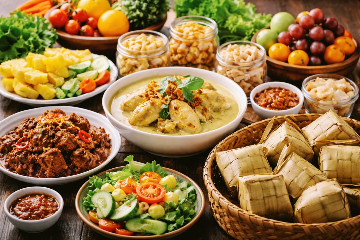 Ilustrasi hidangan saat Lebaran. (AI Generated) Cara Nikmati Opor dan Rendang Lebaran Tanpa Takut Kolesterol