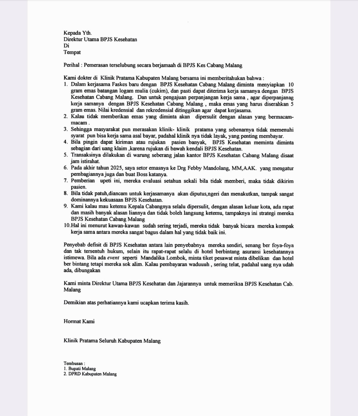 Surat aduan yang ditembuskan ke DPRD Kabupaten Malang dan Bupati Malang. (ist)