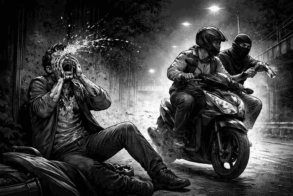 Ilustrasi penyiraman air keras terhadap aktivis HAM. (AI Generated)_11zon Andrie Yunus Diduga Disiram Air Keras Usai Podcast, KontraS Sebut Upaya Membungkam Aktivis