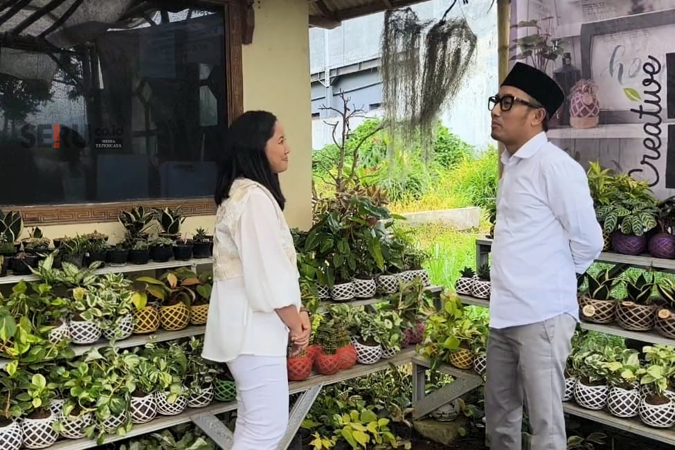 Stafsus Menkeu, Ubaidillah Amin S.Kom., M.HP berbincang dengan Owner CV. Bunga Melati, Dwi Lili Indayani. (Seru.co.id/dik) Stafsus Menkeu Kunjungi UMKM Creative Kokedama di Batu, Dorong Produk Tembus Berbagai Negara