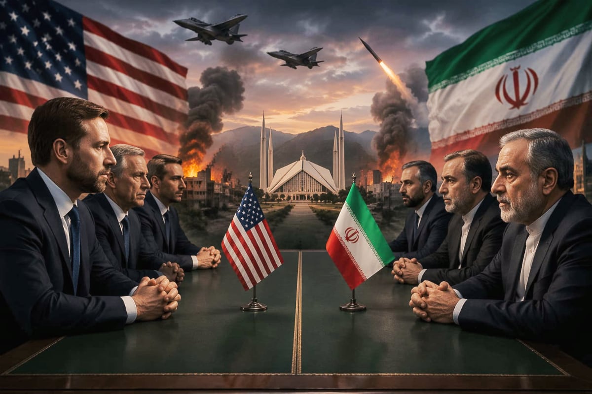 Ilustrasi negosiasi Iran dan Amerika Serikat di Islamabad Pakistan. (AI Generated) Perundingan Damai Iran-AS 21 Jam Buntu, Ancaman Perang Kembali Menguat