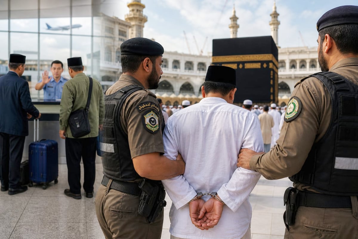 Ilustrasi penangkapan kasus haji ilegal dan jemaah nonprosedural. (AI Generated) Arab Saudi Tangkap WNI Kasus Haji Ilegal, Jemaah Nonprosedural Dicegah Berangkat