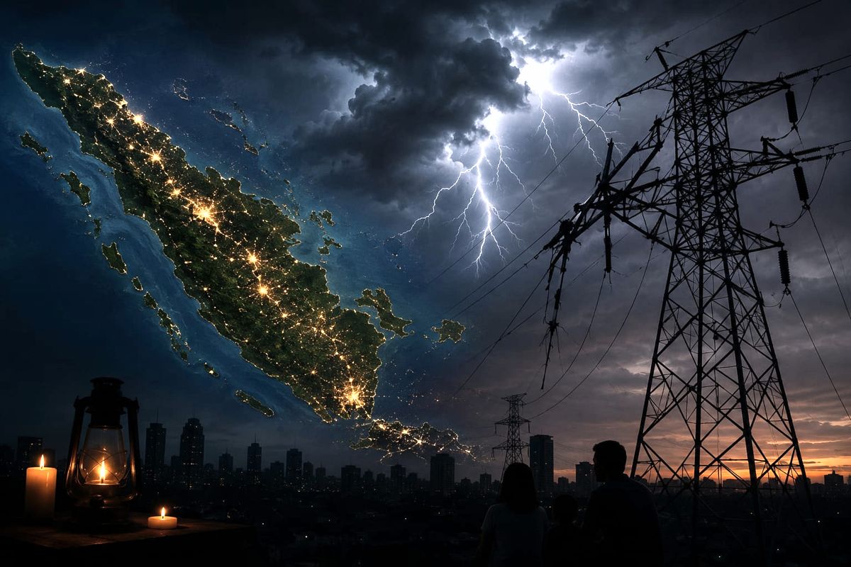 Ilustrasi blackout Sumatra. (AI Generated) Gangguan Transmisi 275 kV di Jambi Biang Kerok Blackout Sumatra, PLN Klaim Sistem Mulai Pulih
