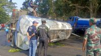 Kondisi di TKP kecelakaan maut yang berada di Jalan Raya Nasional III, Desa Karangkates, Kecamatan Sumberpucung, Kabupaten Malang. (ist Hendak Menyalip Pria Kalipare Tewas Tertimpa Tangki Truk di Karangkates